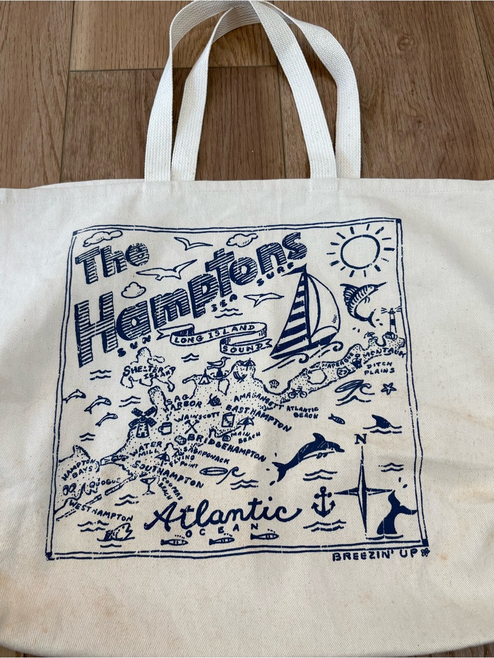 The Hamptons Canvas Tote Bag - Navy Print on Cream